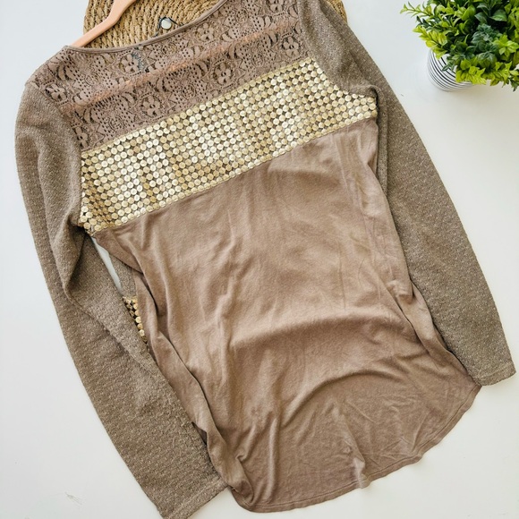 BKE womens Brown/Gold Lace Long Sleeve Blouse Size Large - Picture 6 of 9